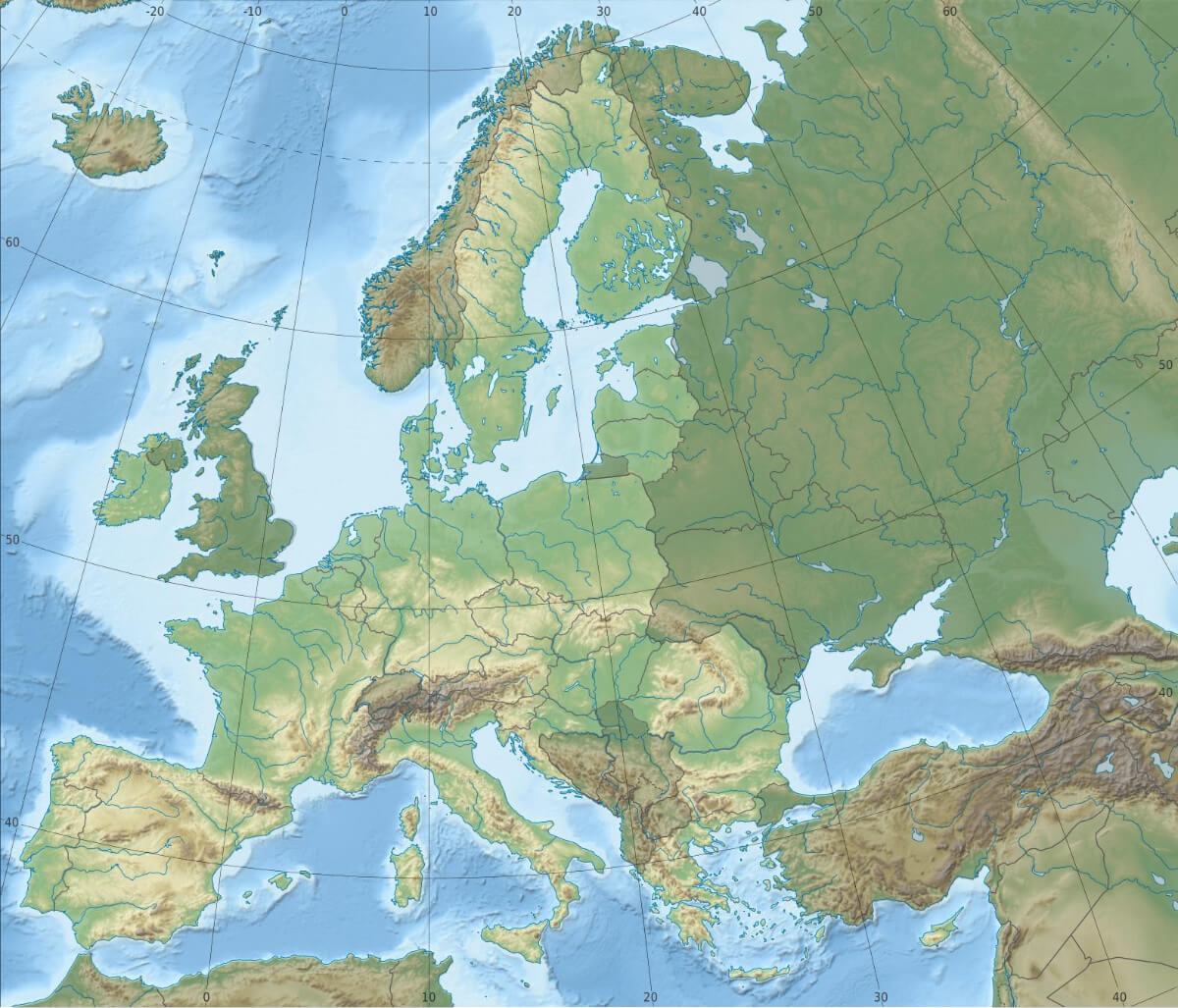 Europe geography map with physical and terrain details