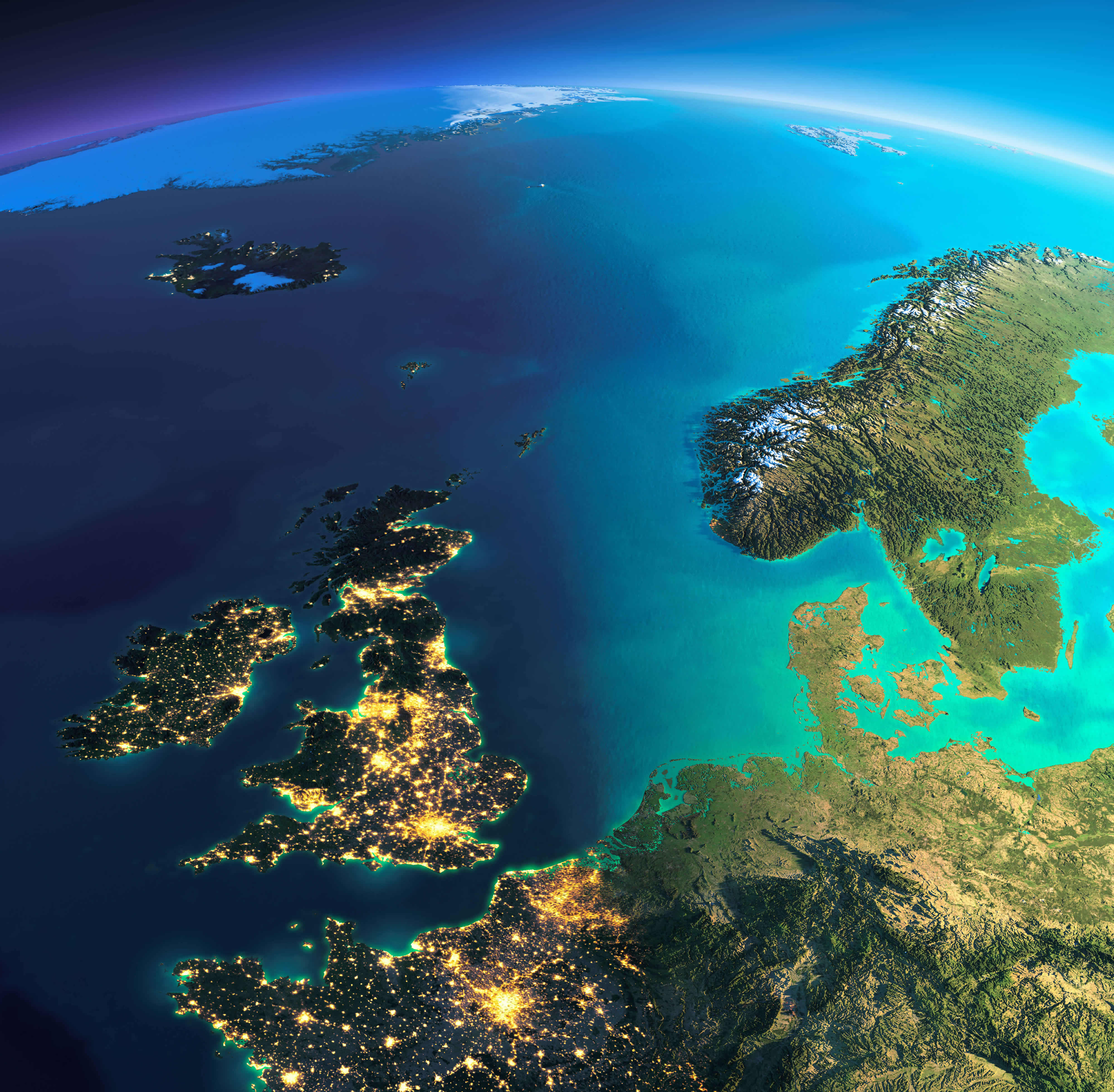 Nighttime Satellite Map: Ireland, UK, Sweden, and Norway