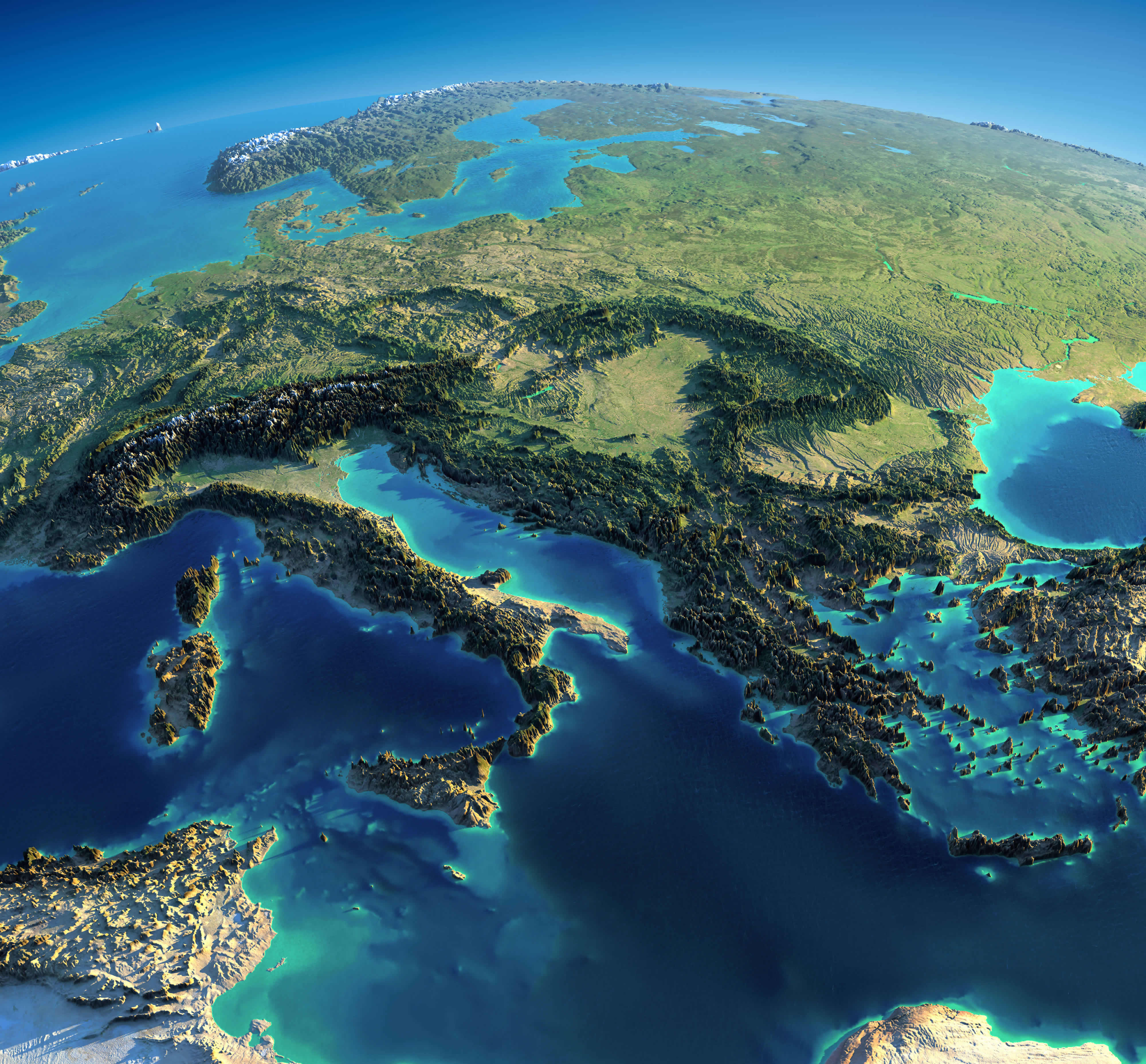 Satellite Map: Italy, Greece, and the Mediterranean Sea