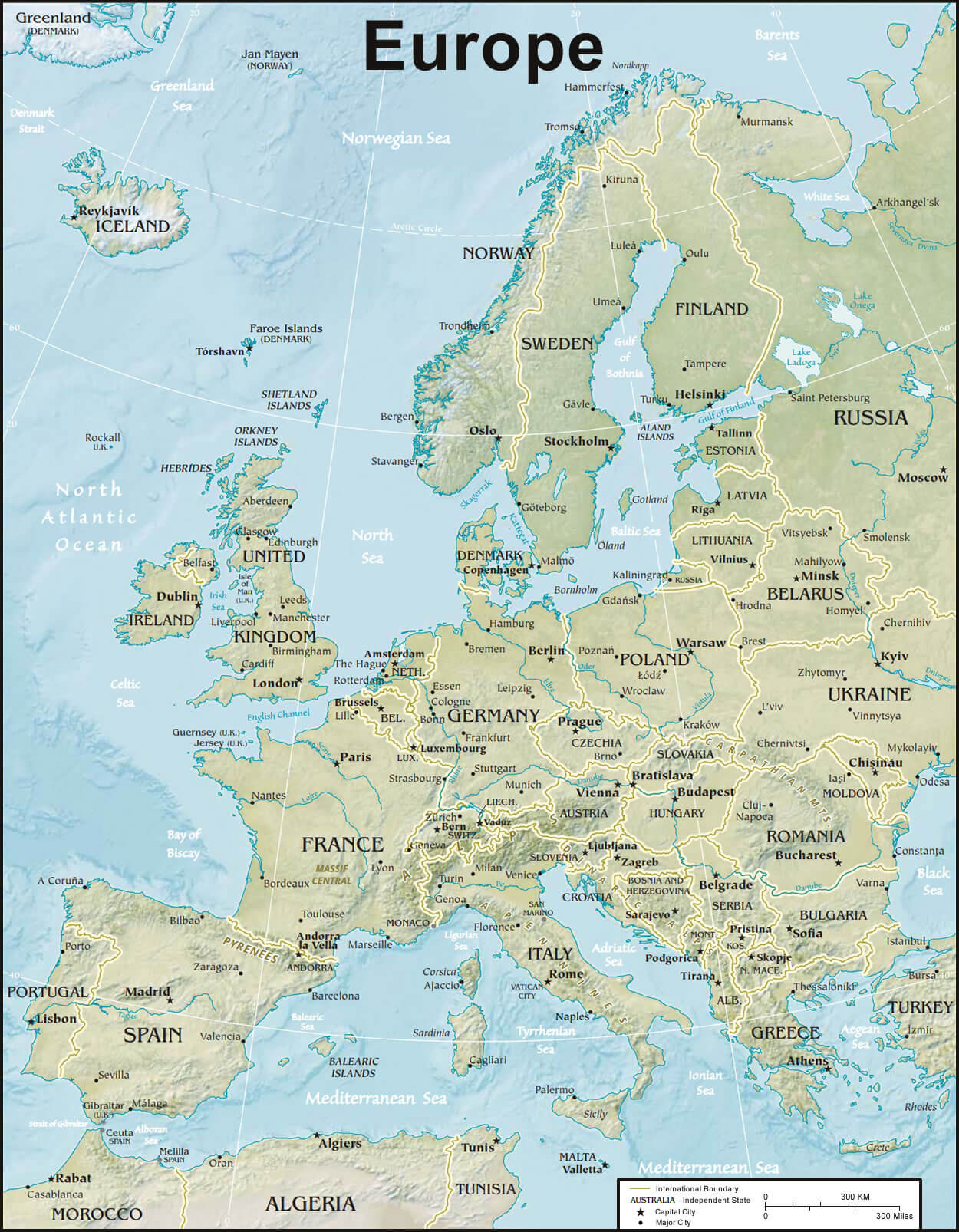 Europe physical map with international boundary