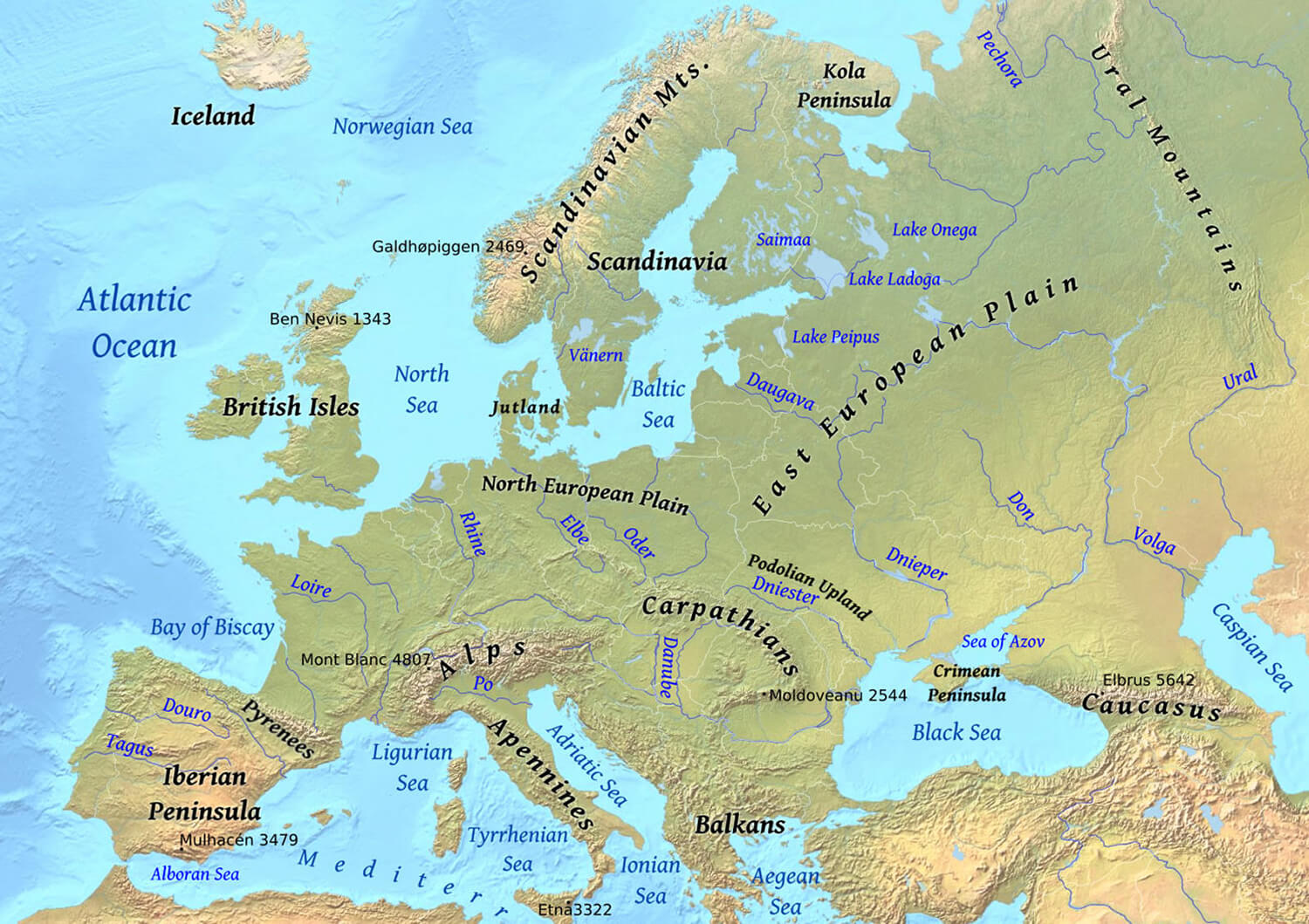 Europe physical map with mountains and rivers