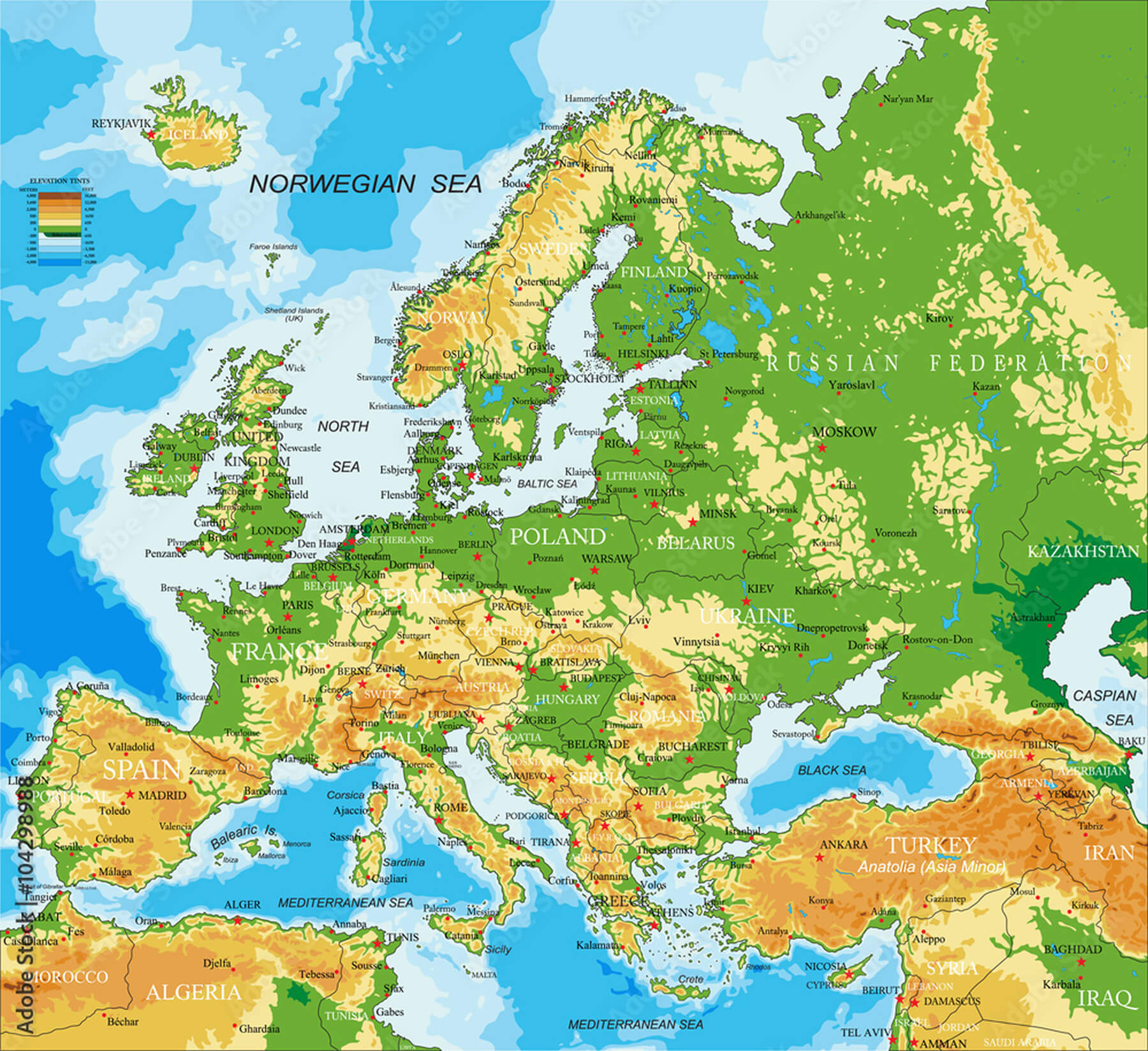 Physical map of Europe shows elevation, mountains, rivers, and seas