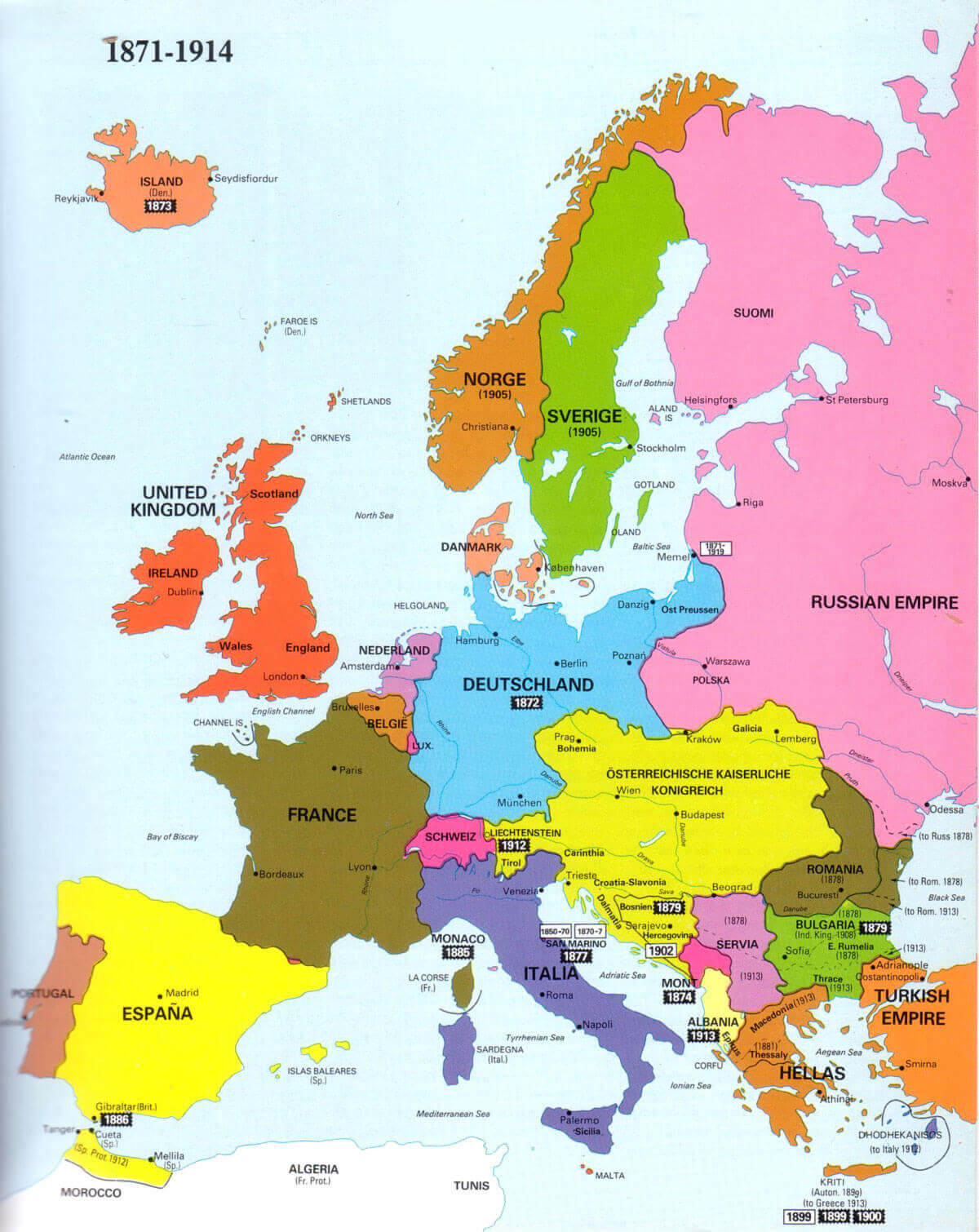 Historical political map of Europe between 1871 and 1914