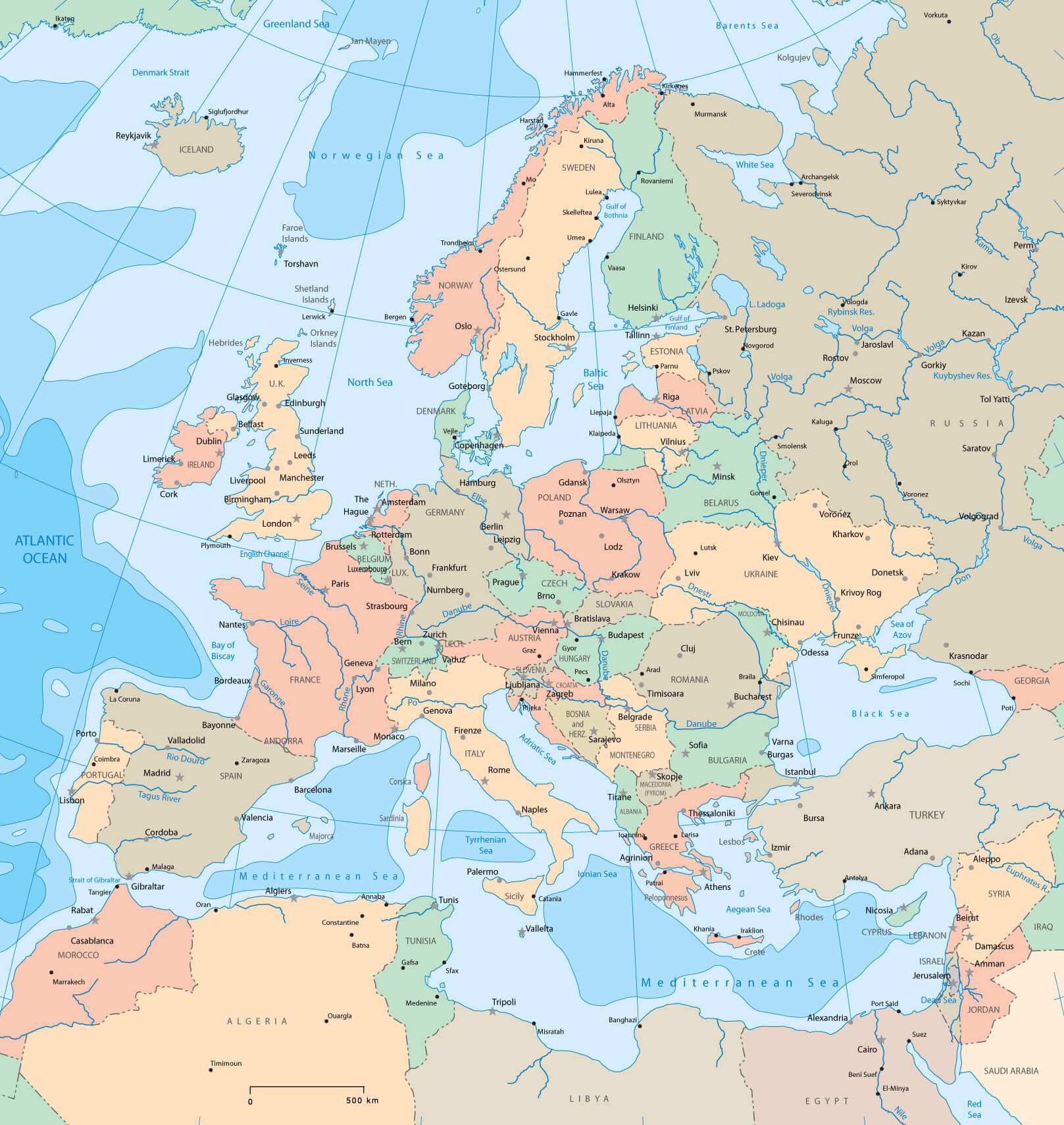 Detailed Political Map of Europe with Rivers