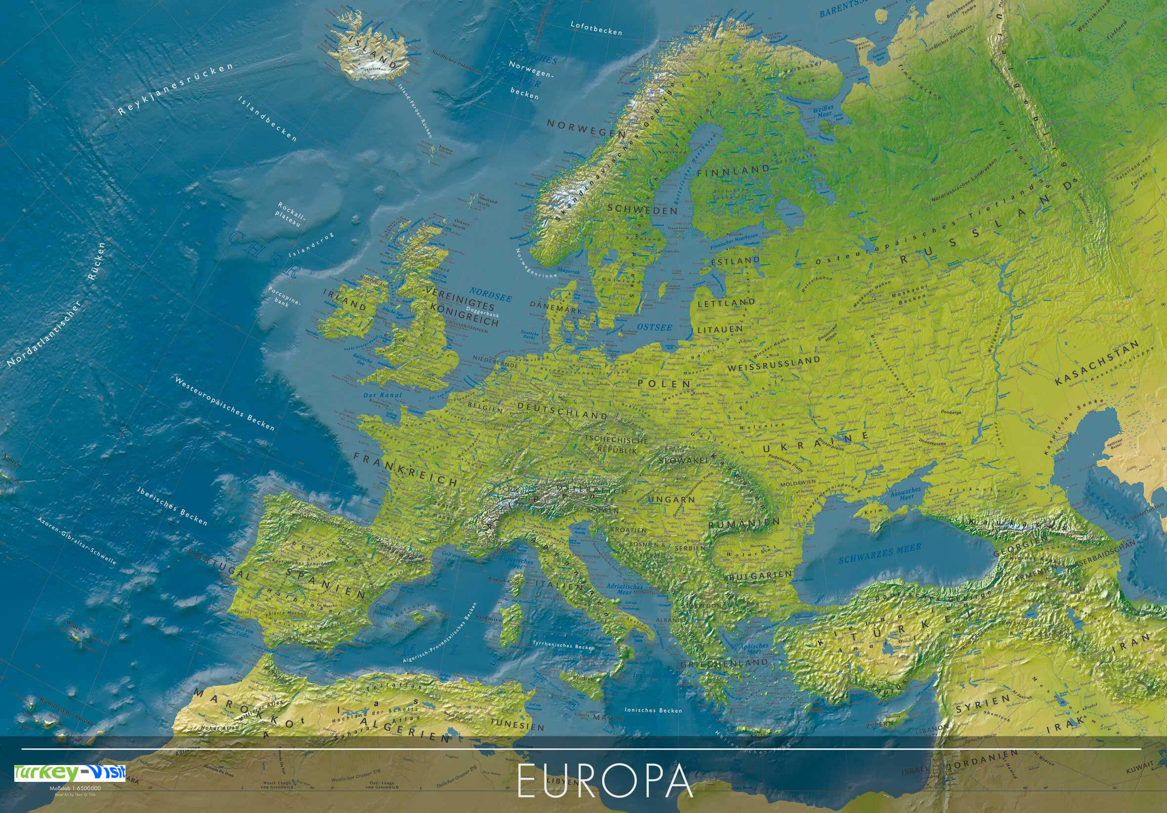 Europe political map with elevation