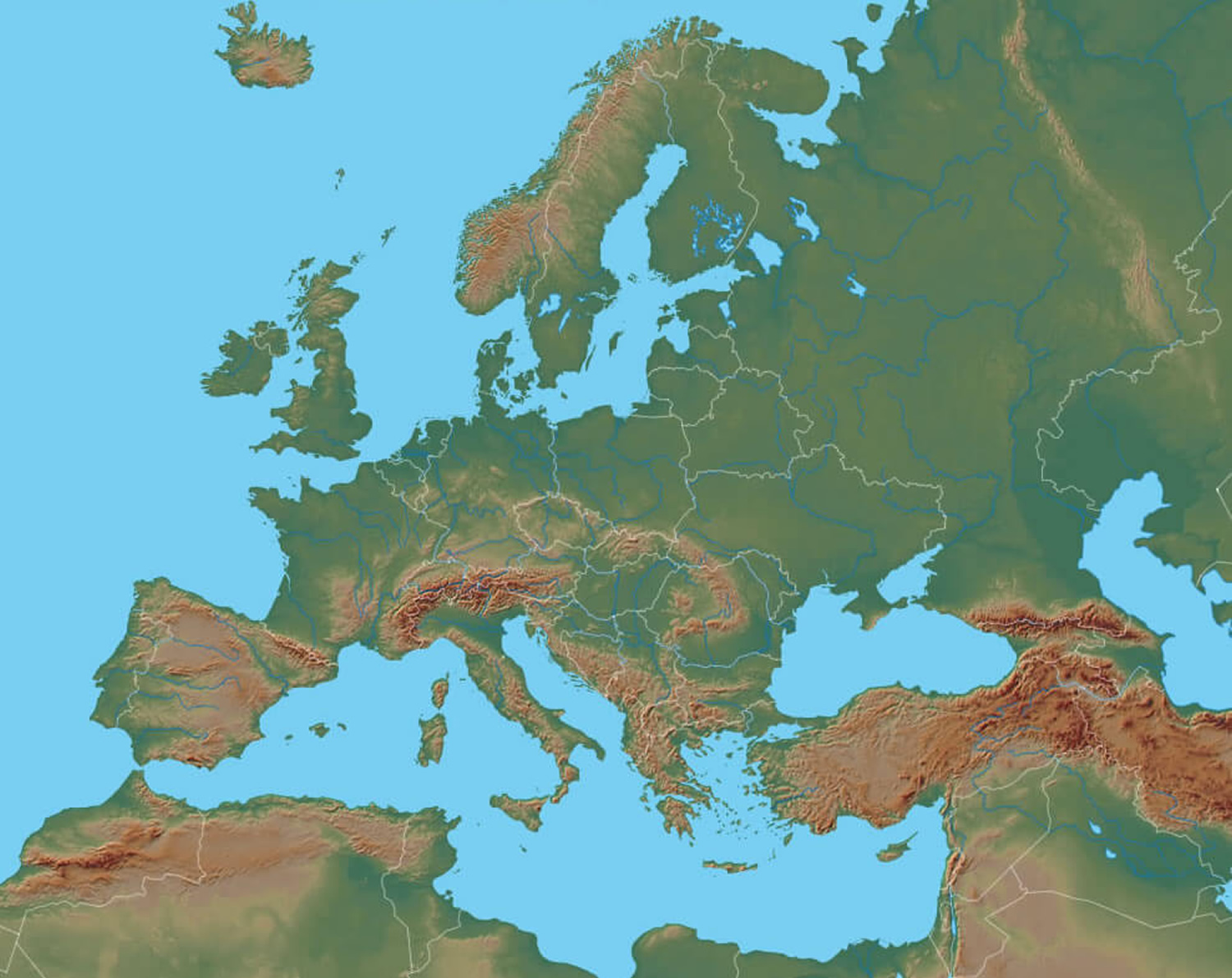 Europe political map with mountains and plains