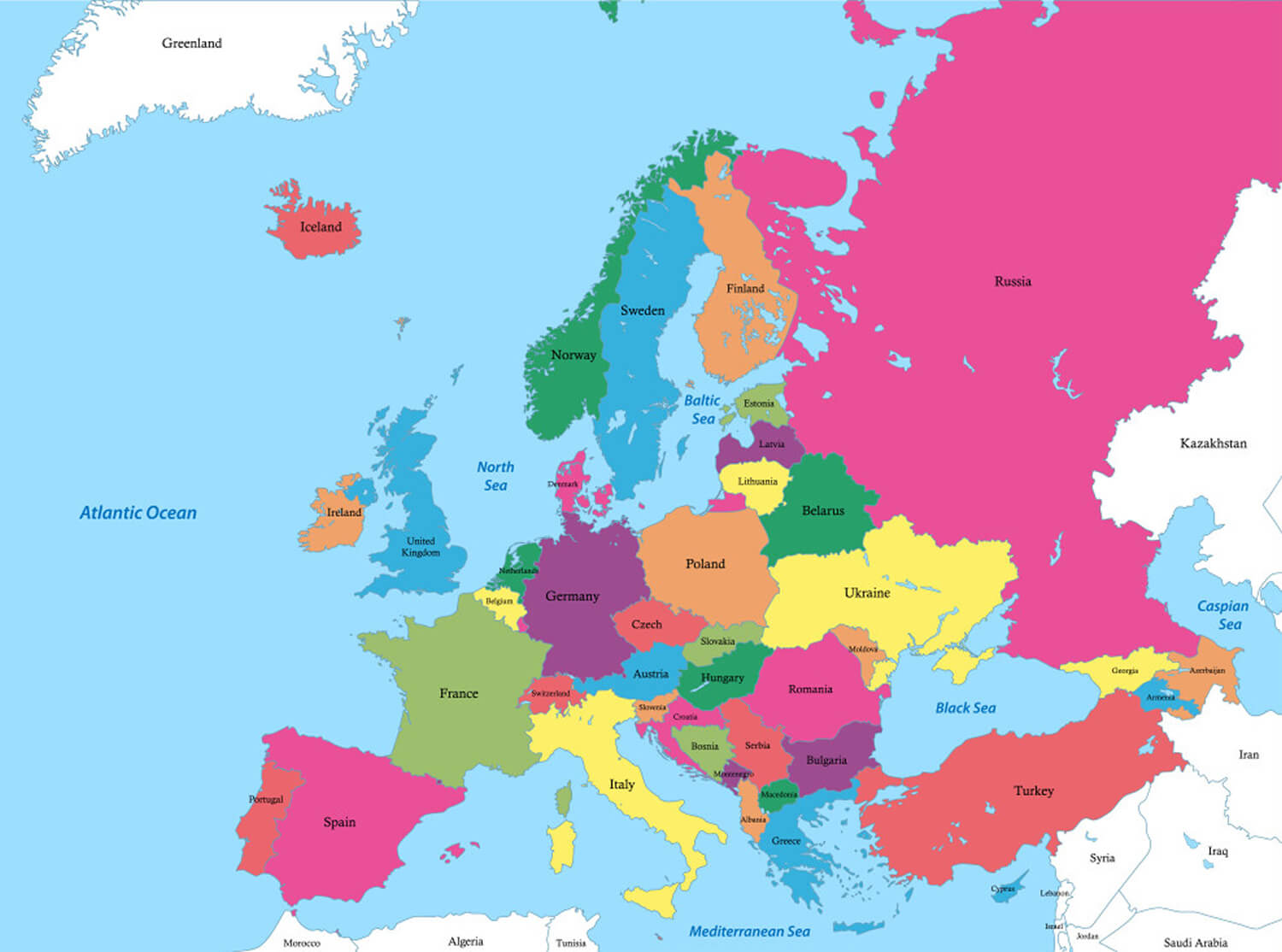 Europe Political Map Including Russia and Turkey