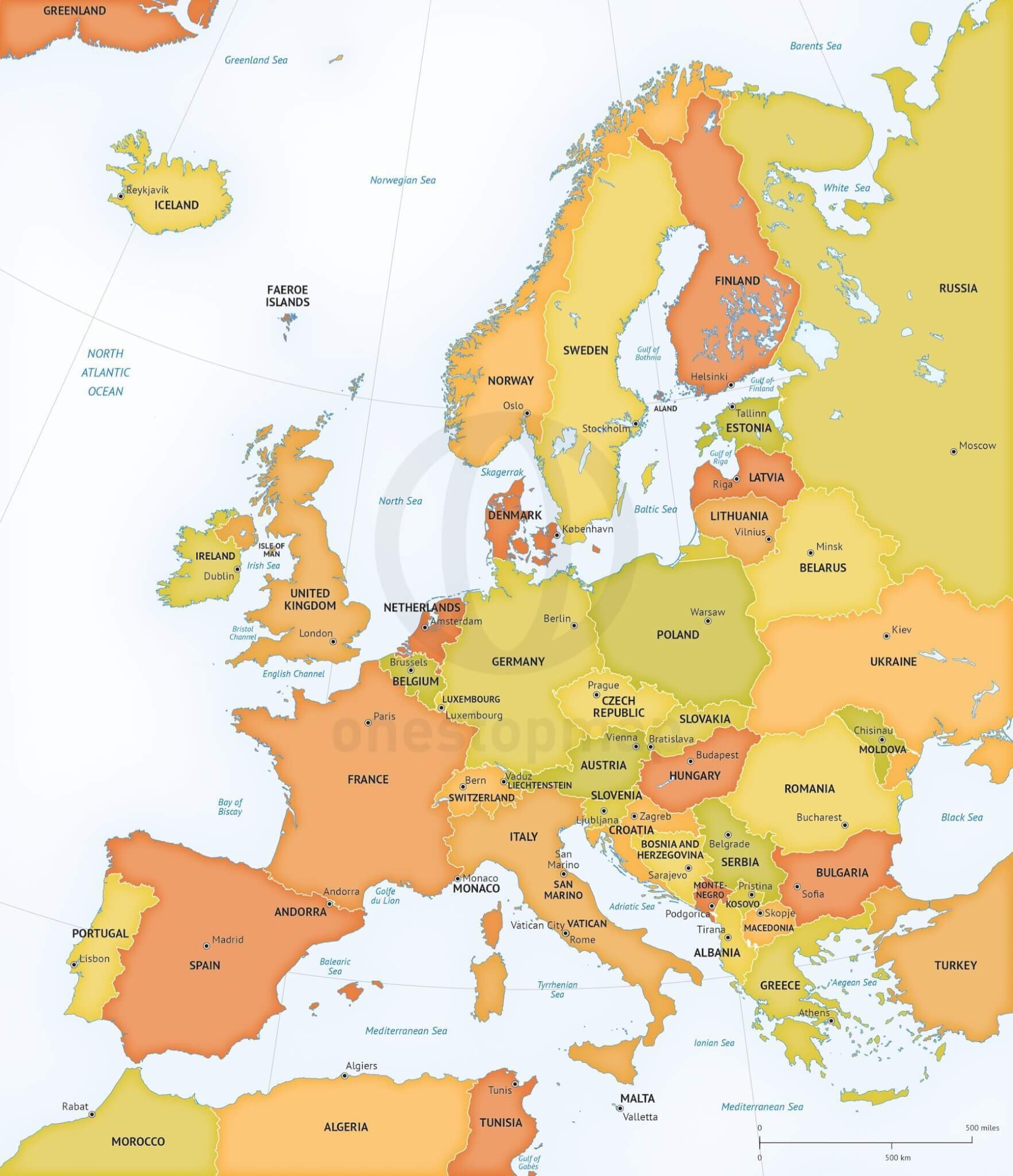 European countries political map with UK