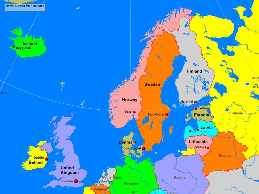 Political map of Northern Europe with countries and capitals