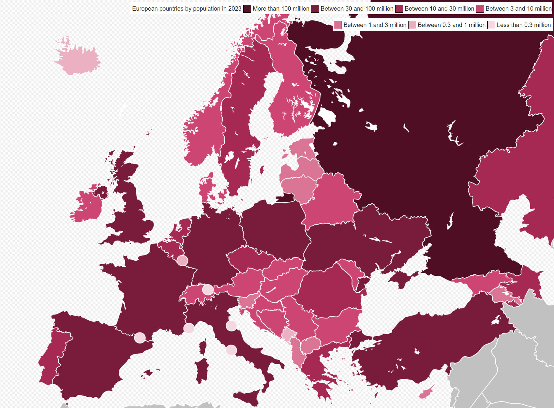 European countries by population map in 2023