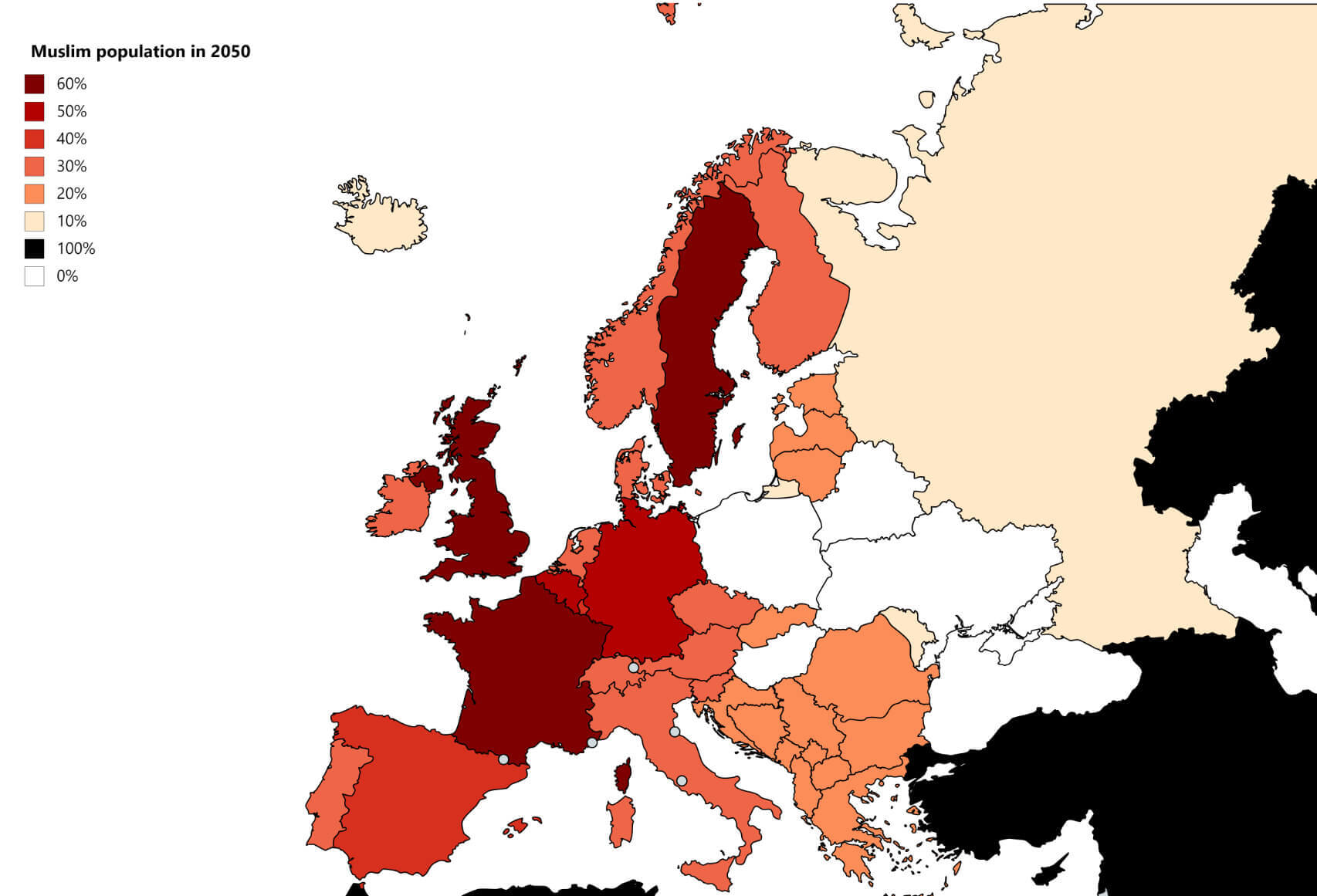 Muslim population growth map in Europe by 2050