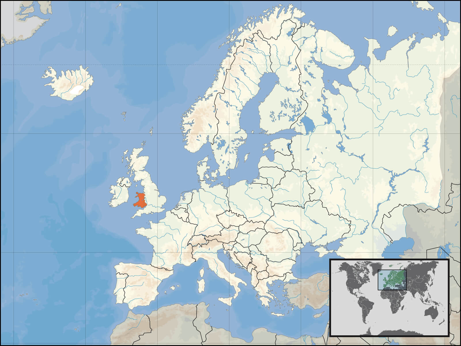 Europe and Wales location map on the World