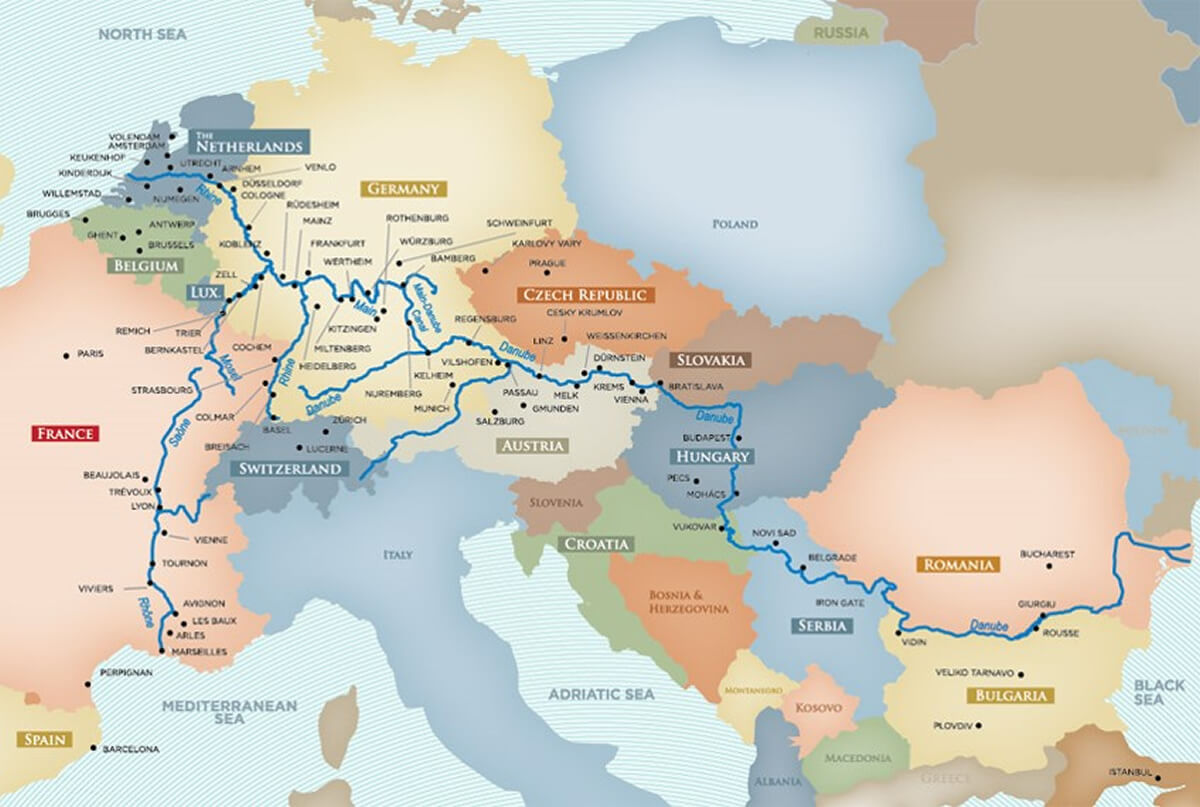 Europe rivers route map