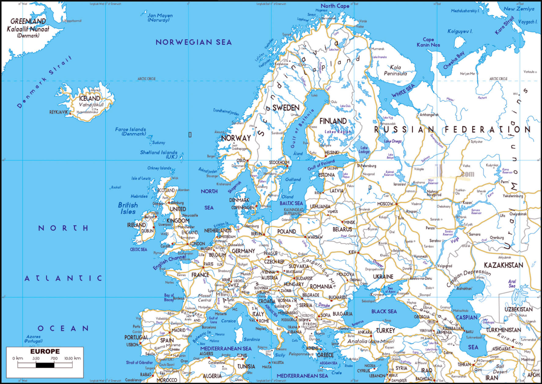 Map of Europe showing detailed road networks, cities, and geographical features