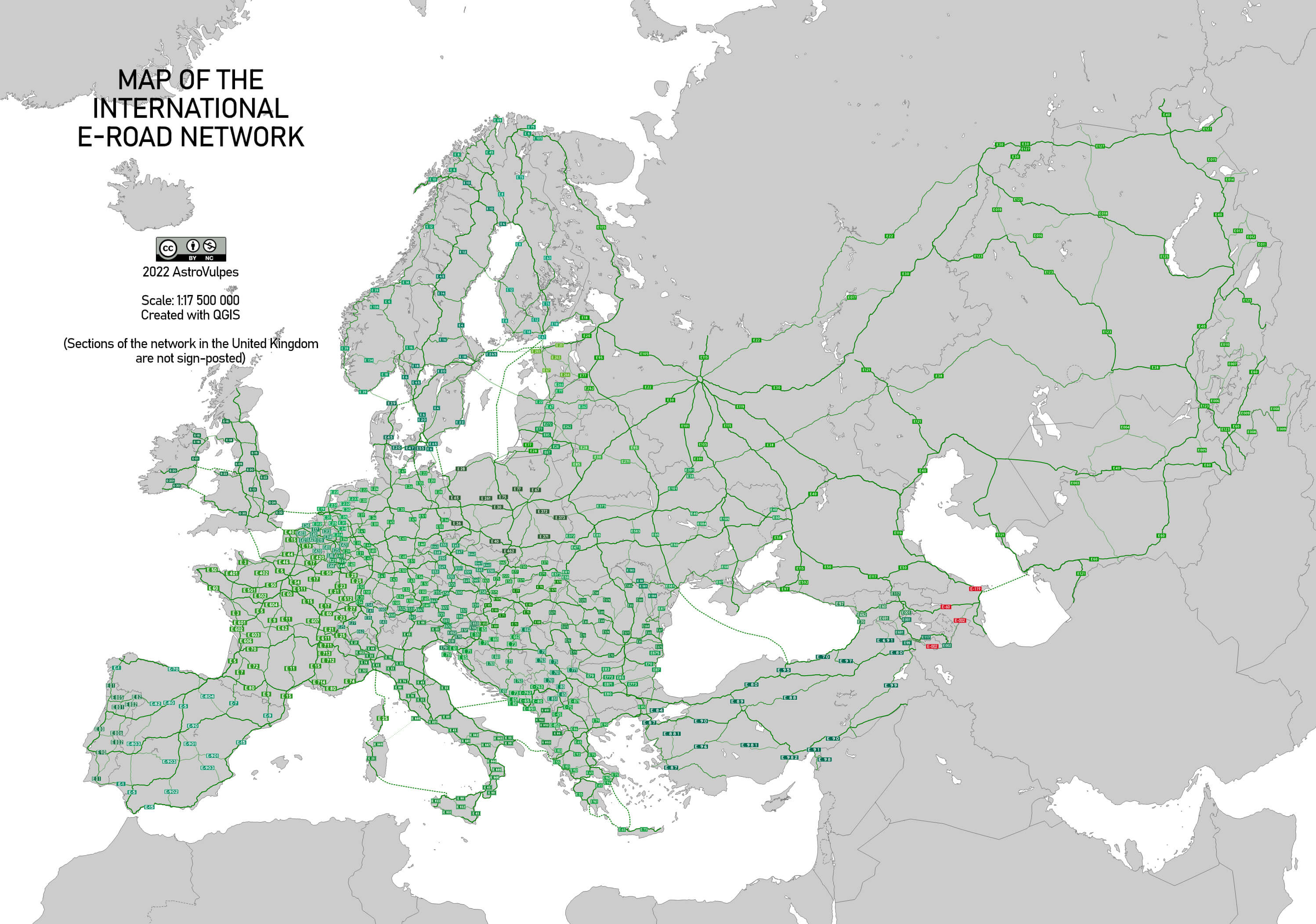 Map of the international Europe e-road network