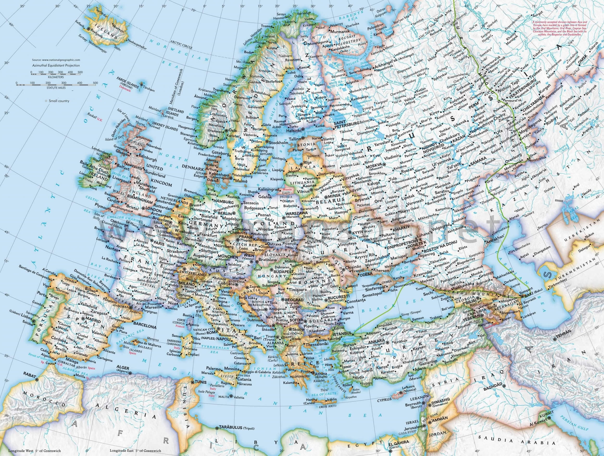 Detailed Road Map of Europe with Geographic Features