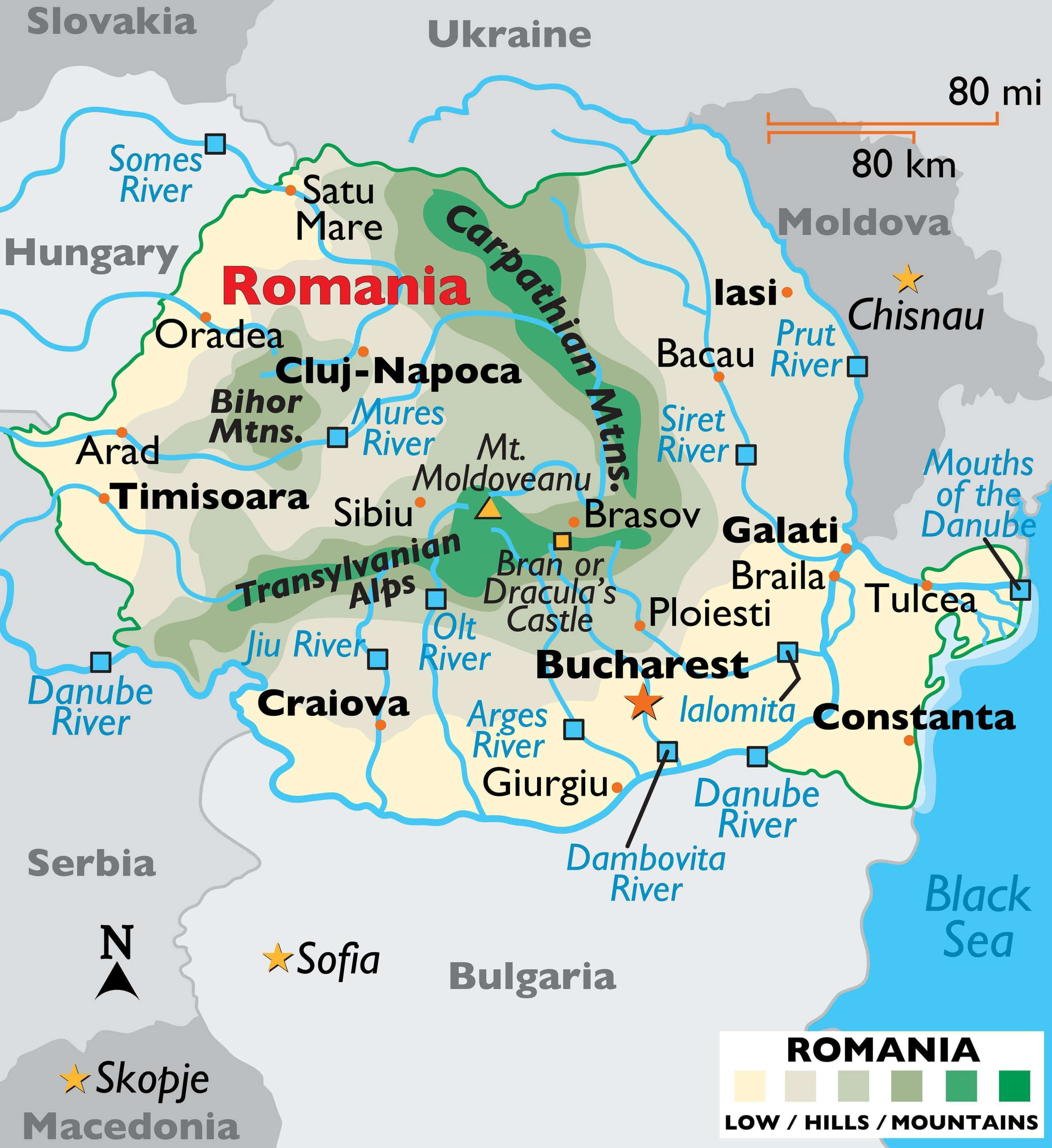 Romania Rivers Map with Largest Cities