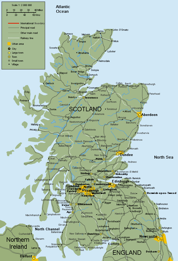 Scotland map showing cities, towns, roads, and railways