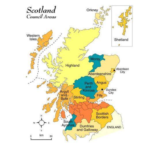 Map showing council areas of Scotland with major regions highlighted