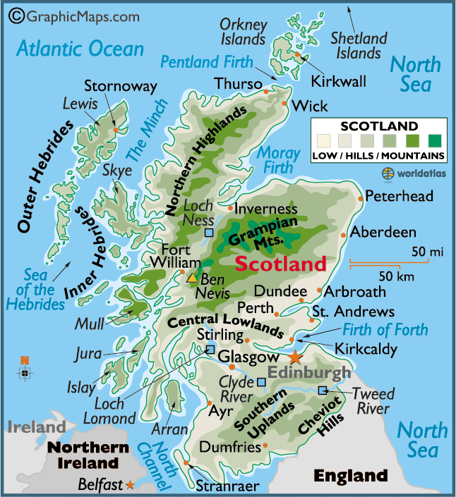 Scotland map showing cities, mountains, and islands