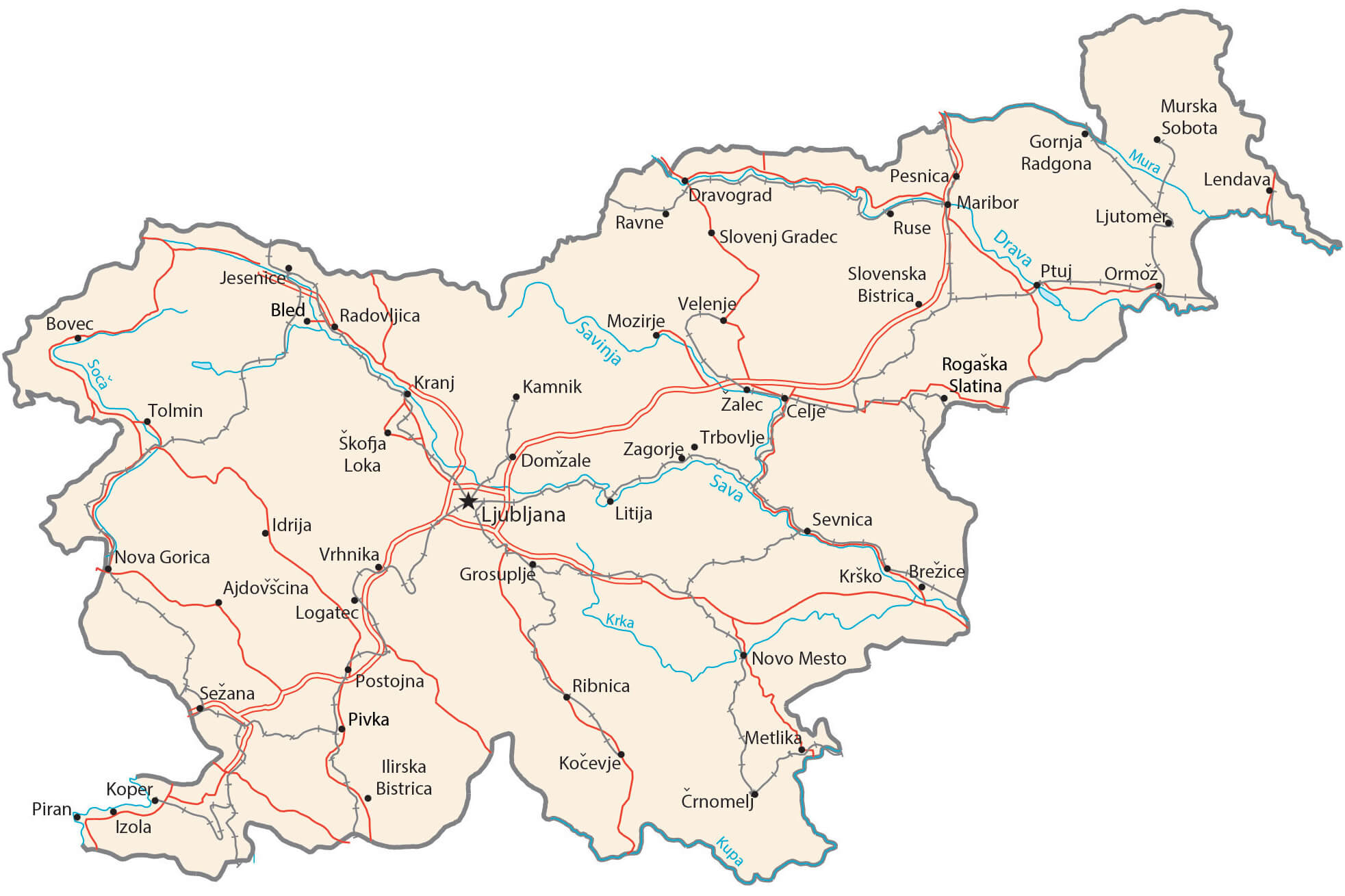 Slovenia Cities Roads Rivers Map