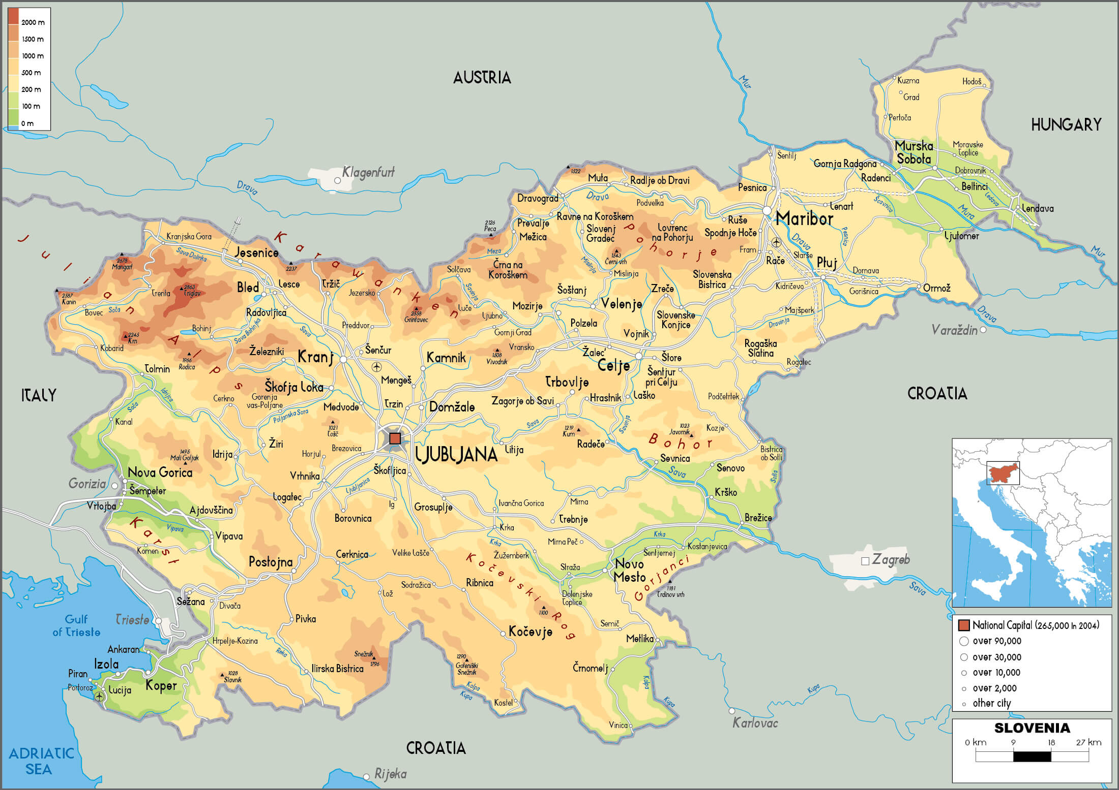 Slovenia Physical Map with Largest Cities