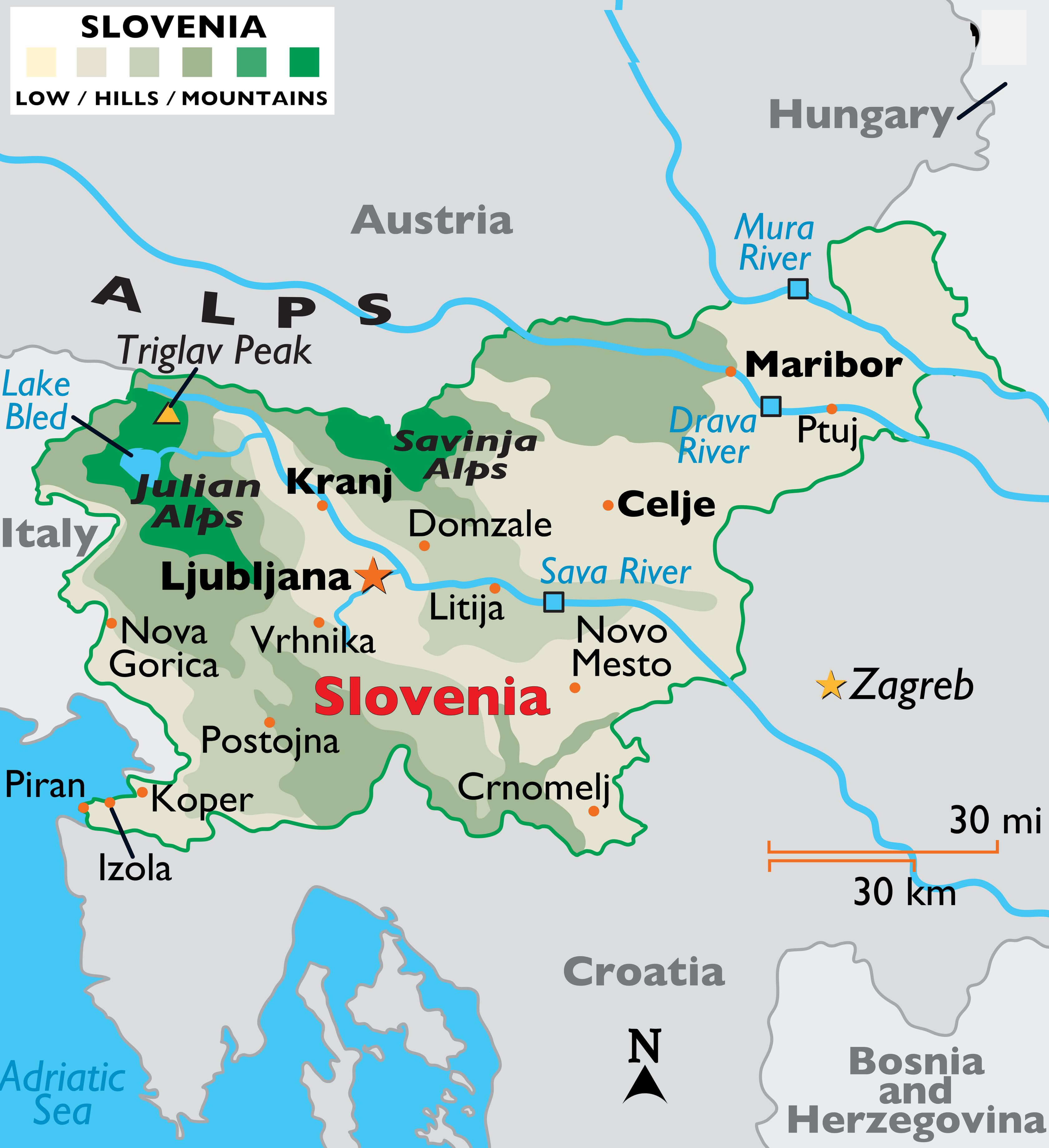 Slovenia Rivers Map with Main Cities