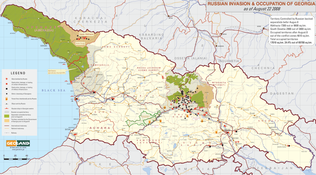 Map showing Russian occupation in Georgia, including South Ossetia