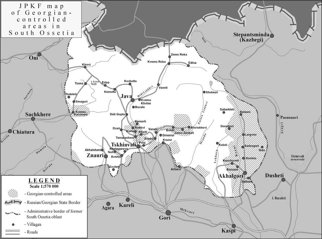 Pre-war map showing Georgian-controlled areas in South Ossetia