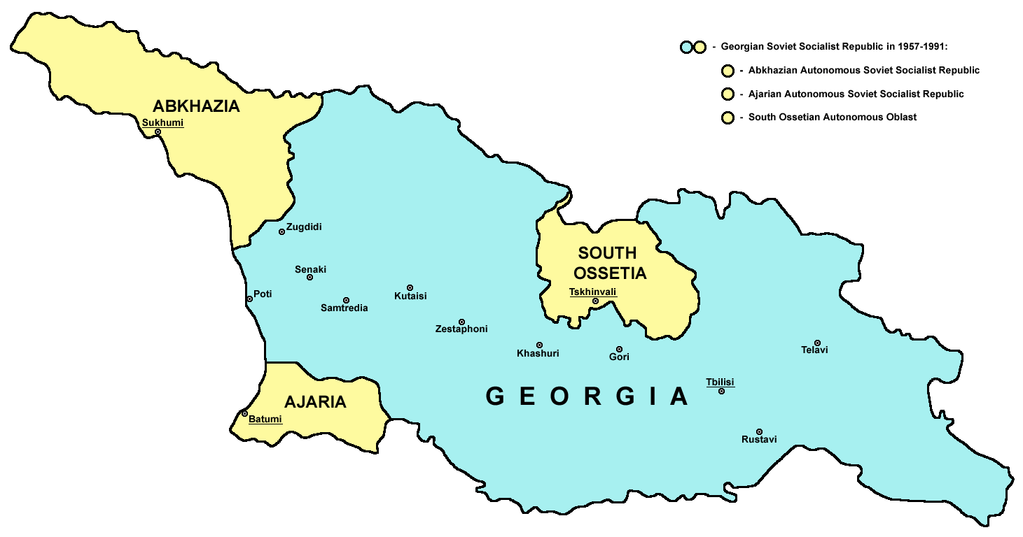 Map showing Abkhazia, South Ossetia, and Ajaria within Georgia