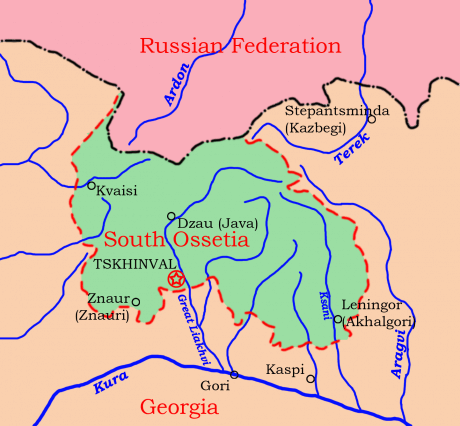 Map showing South Ossetia, bordering Russia and Georgia