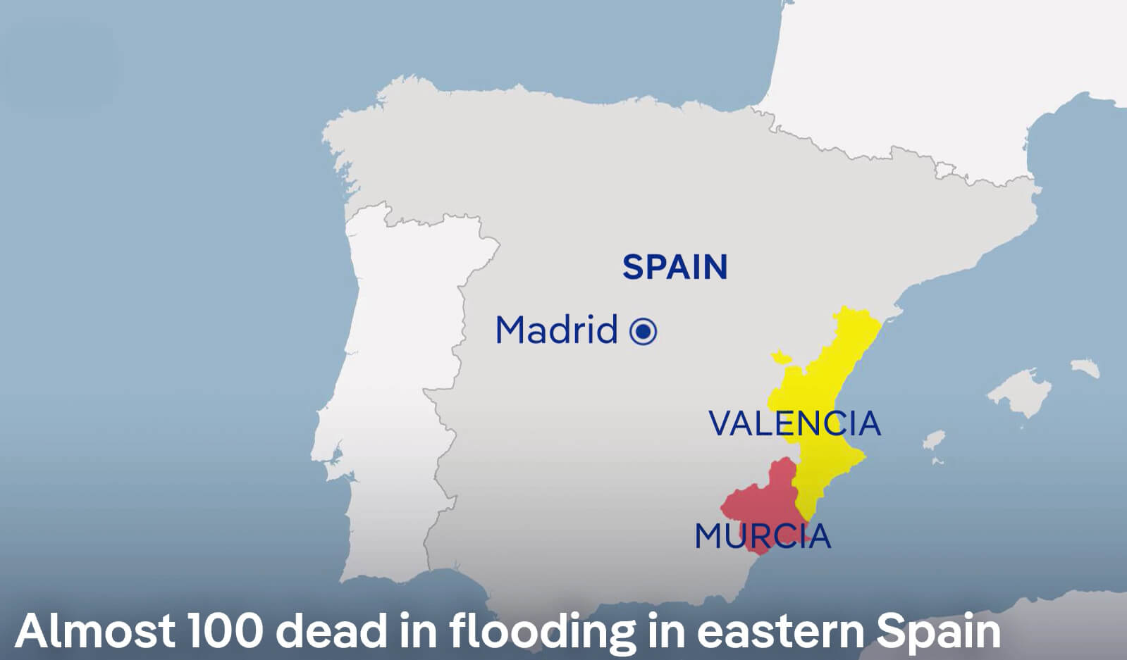 Eastern Spain Map flooding map in Valencia and Murcia, October 30, 2024.