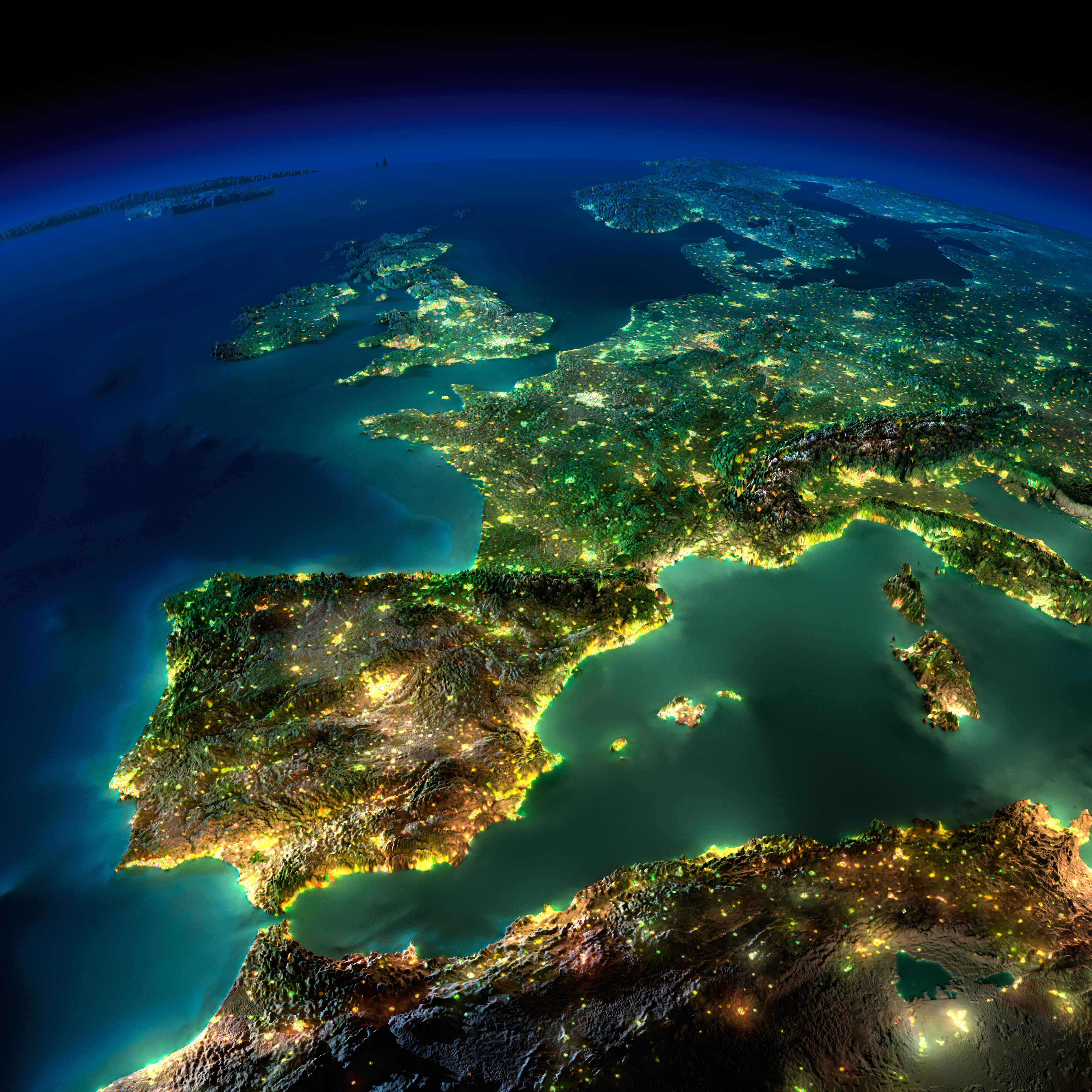 Satellite view of Spain and Europe under moonlight with city lights