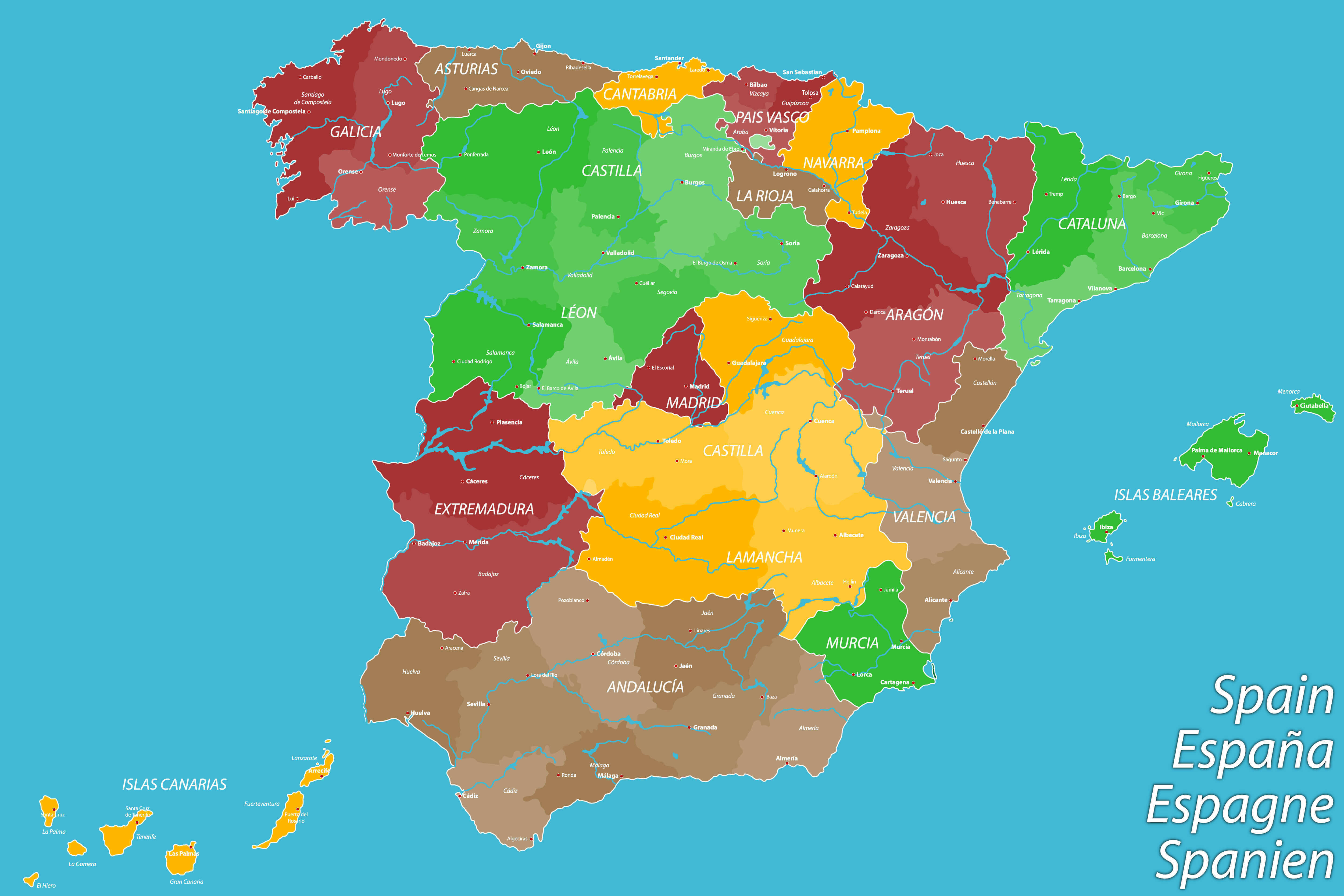 Map of Spain with regions and major cities