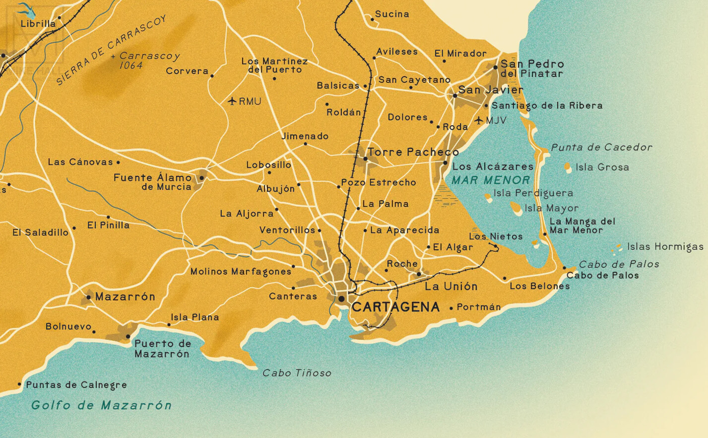 Map of Murcia and Cartagena region with coastal towns