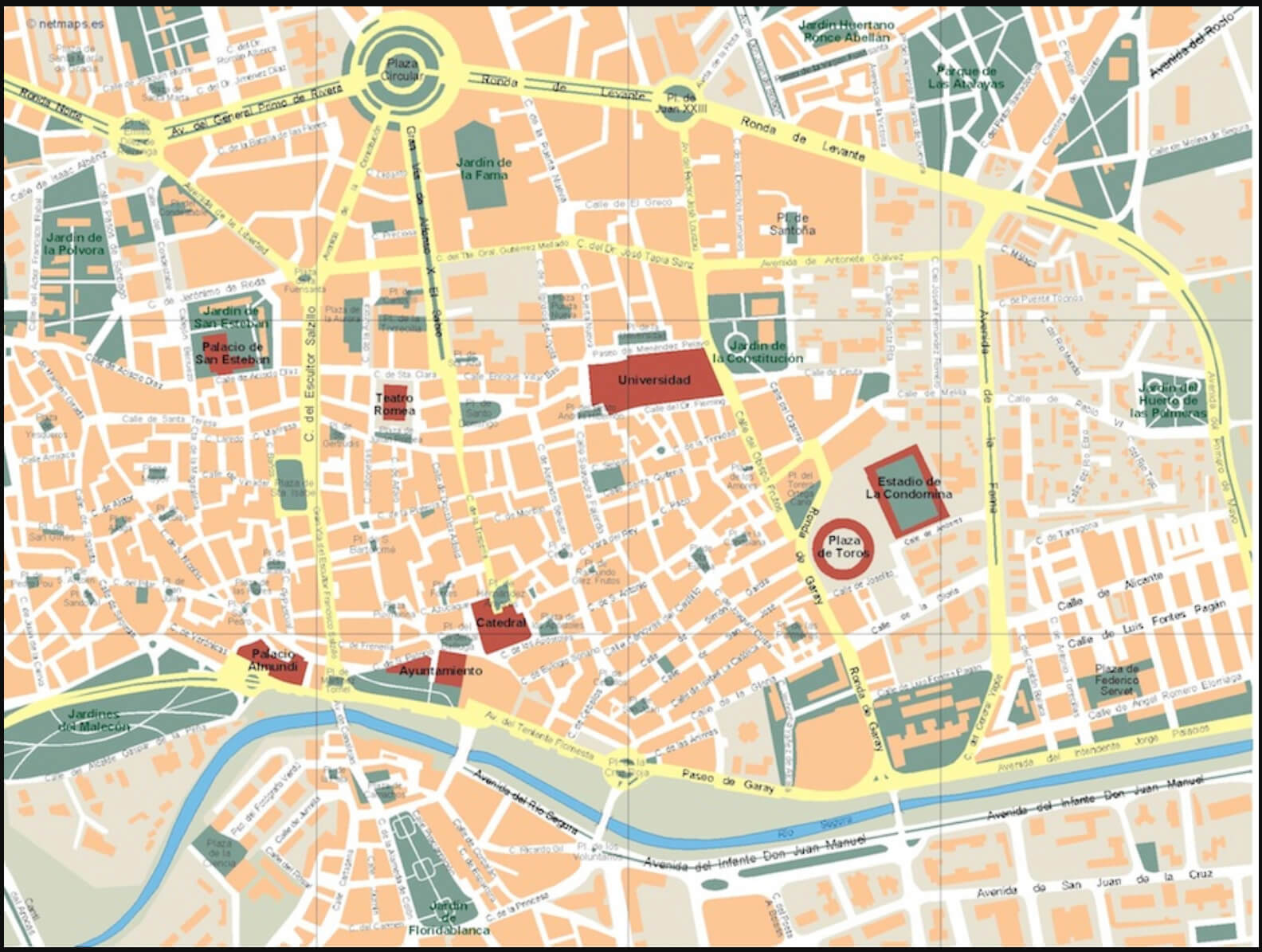 Map of Murcia city center with landmarks and main streets