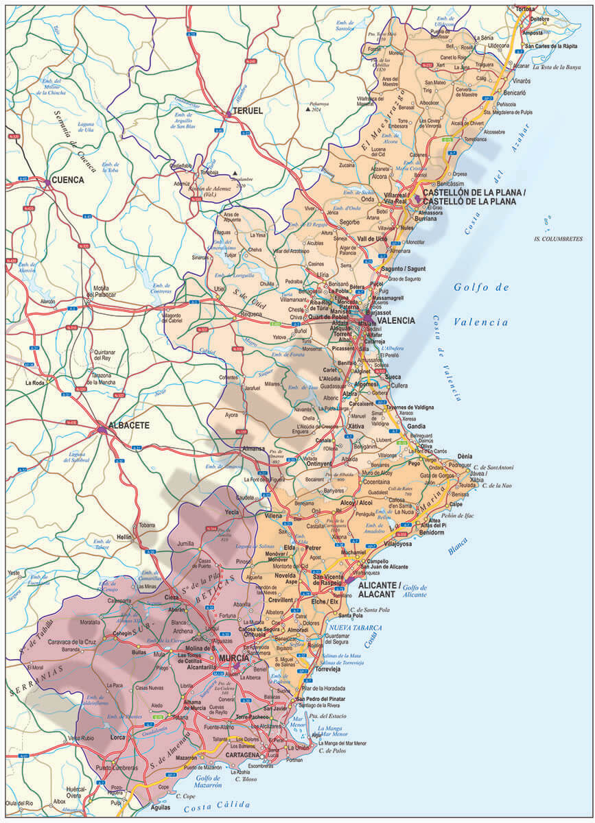 Murcia map with Mediterranean coastline and major highways