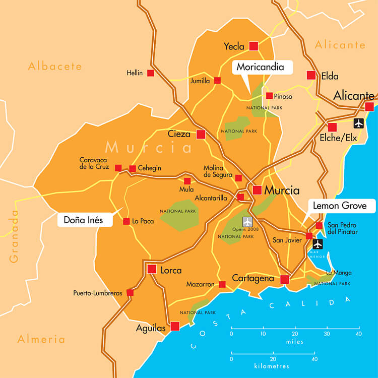 Murcia map with cities, national parks, and Costa Cálida