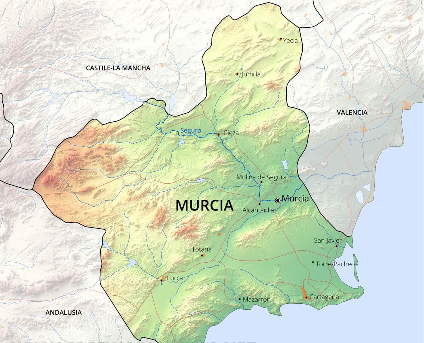 Murcia region physical map in Spain with rivers and cities