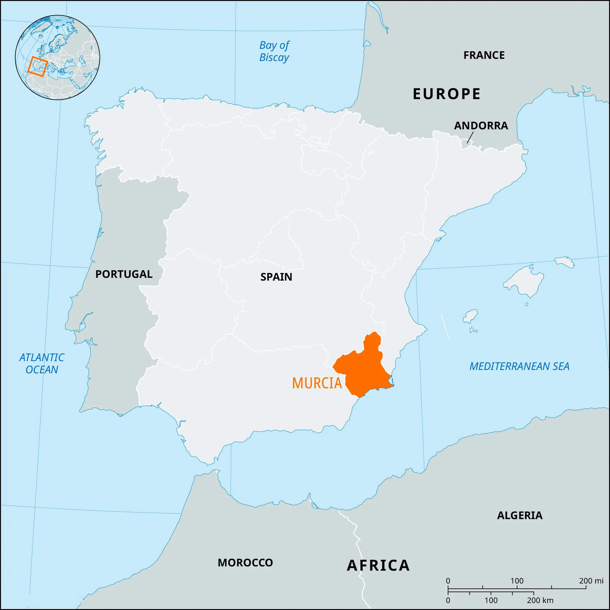 Map showing Murcia Province, Spain, in orange