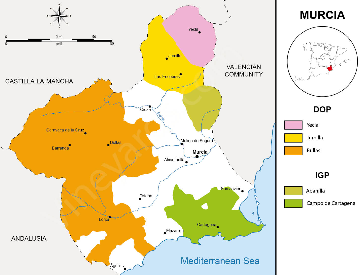 Map of wine regions in Murcia, Spain with DOP and IGP areas