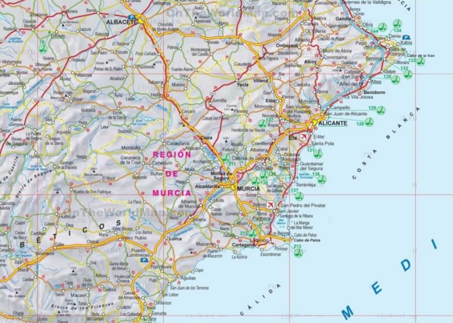 Detailed road map of Murcia region in southeastern Spain