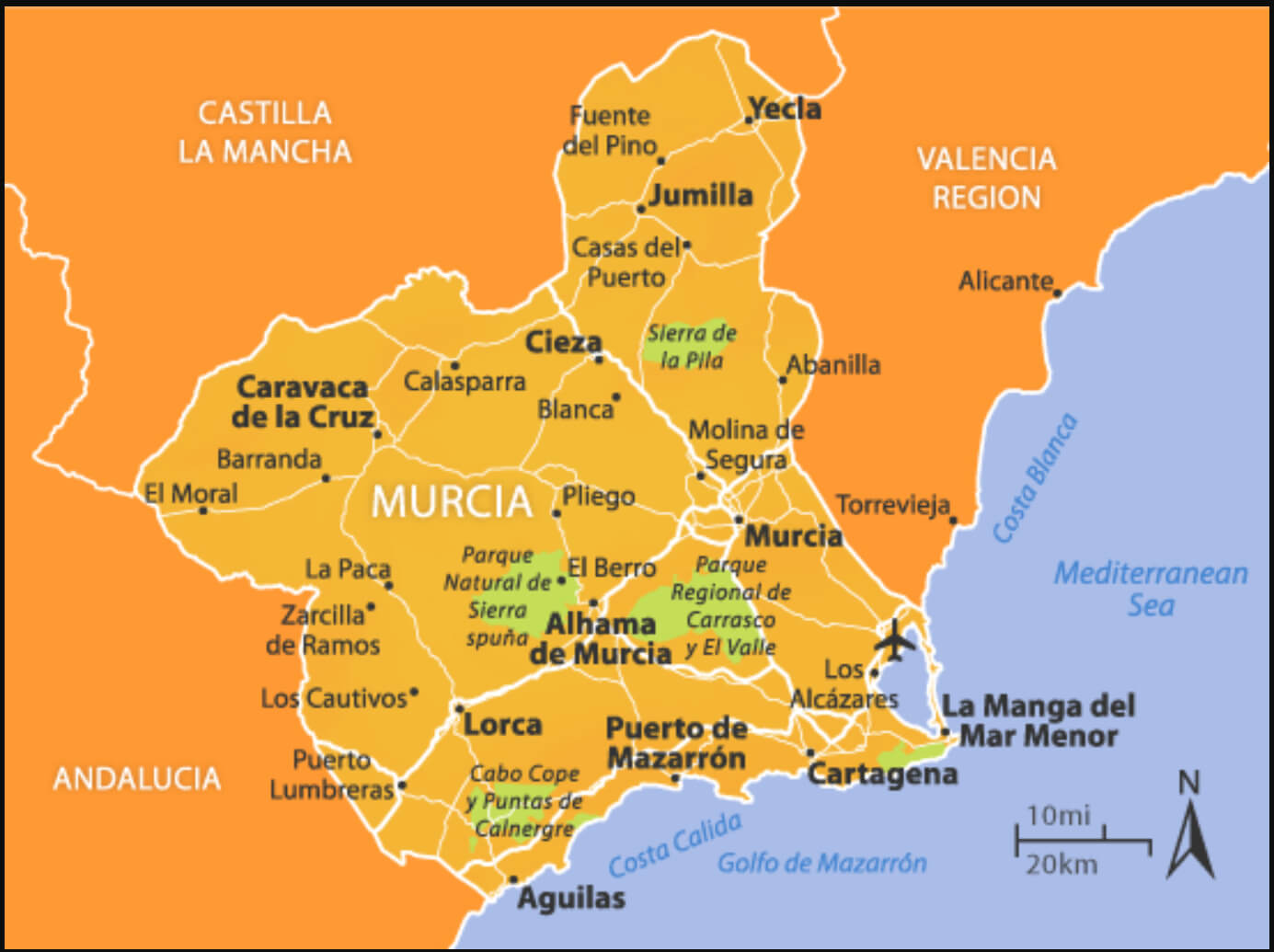 Murcia travel map with key cities, parks, and coastal areas