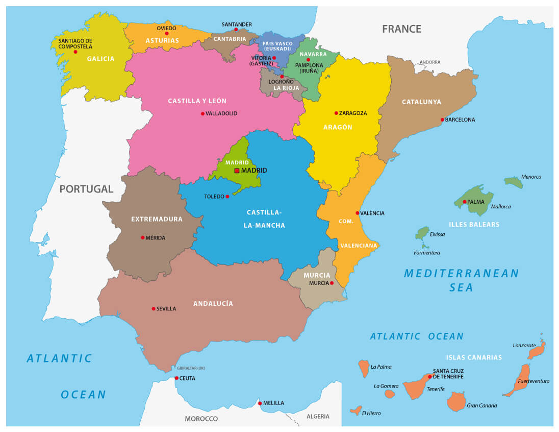 Administrative map of Spain with regions and major cities, including the Balearic and Canary Islands.