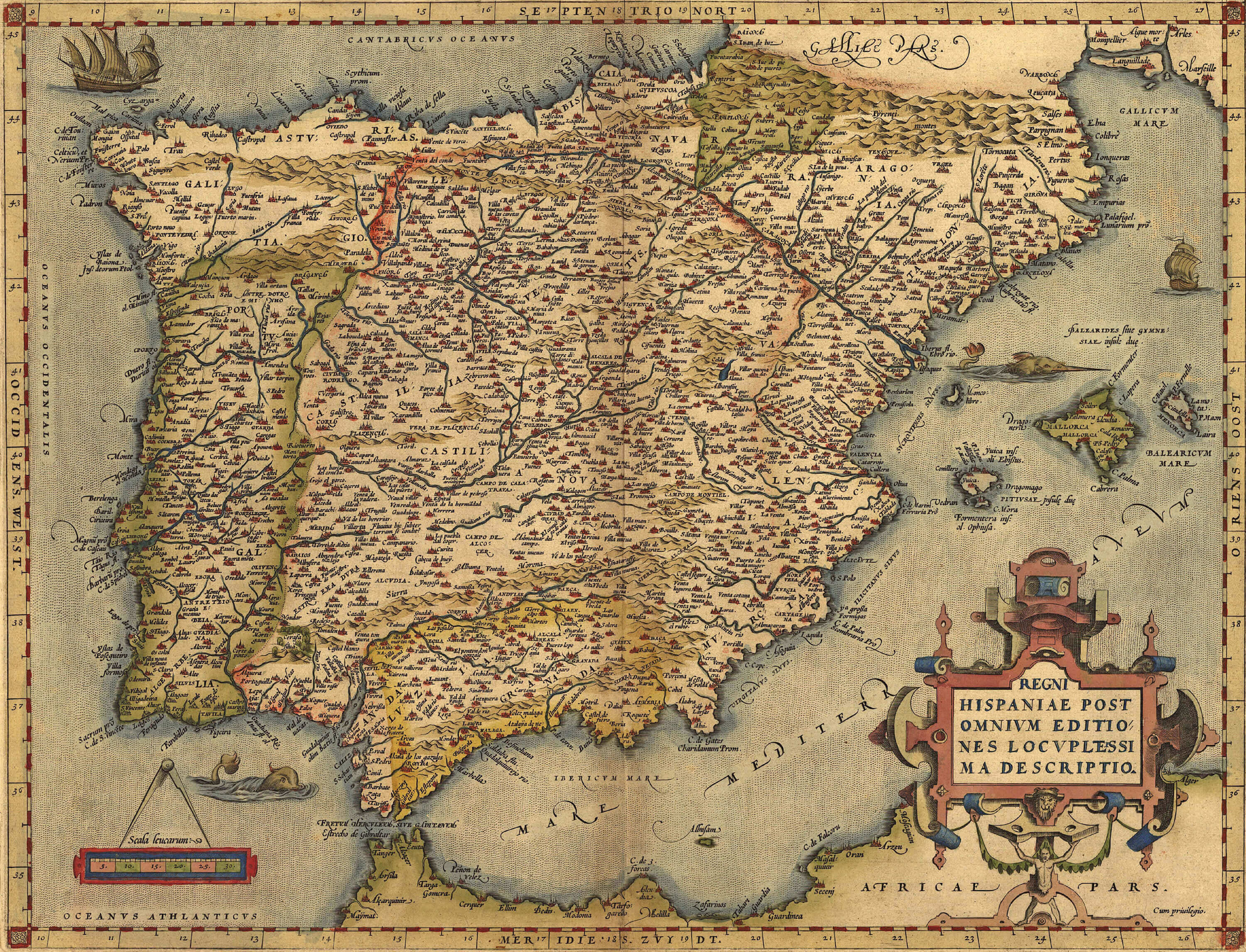 Antique 1570 map of Spain by Abraham Ortelius showing old regions and towns