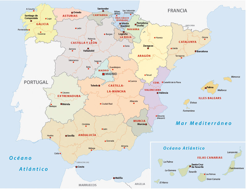 Spain Administrative Map with Autonomous Regions and Cities