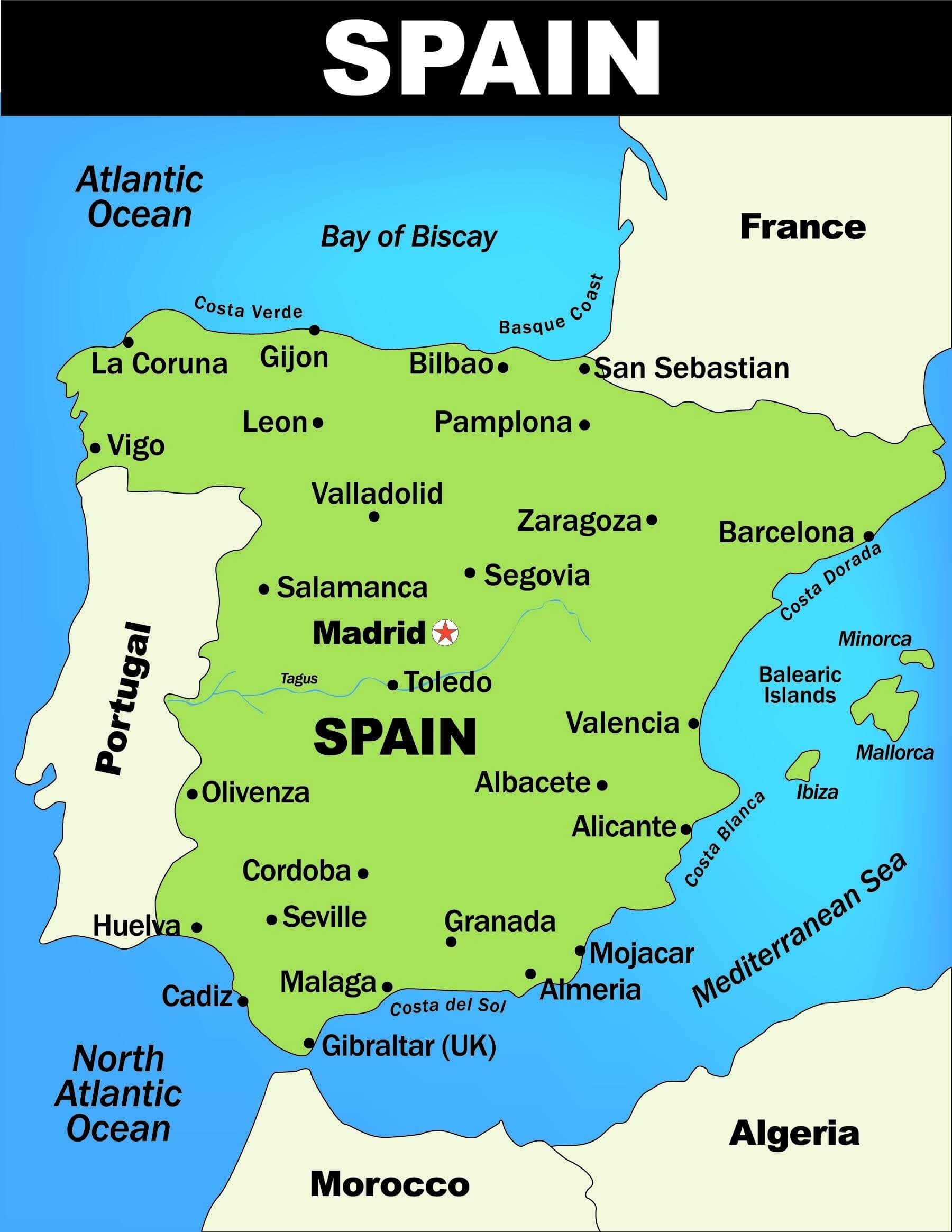 Spain Map with major cities and coastal regions