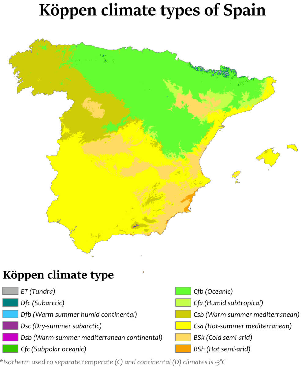 Spain climate map across Spain's regions