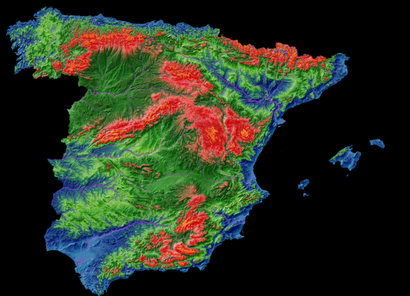 Spain mountain ranges and altitude map