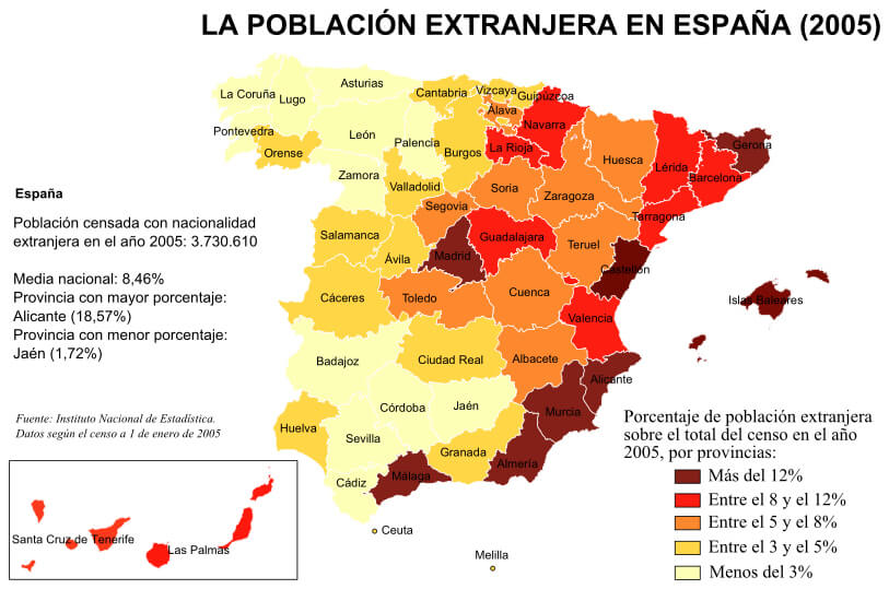 Spain foreign population percentages map by province in 2005